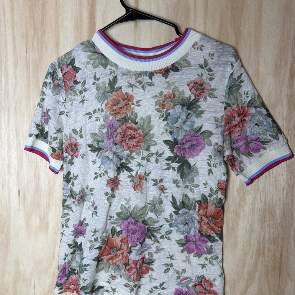 Zimmermann White Pink Floral Linen Short Sleeve Knit Sweater Shirt 1 / Small